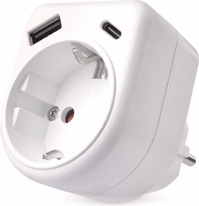 Adattatore per presa Schuko EMOS con porte USB, presa singola con connessione USB A e C, max. 3A/15W, IP20 per uso interno, 3680W, bianco, P0075