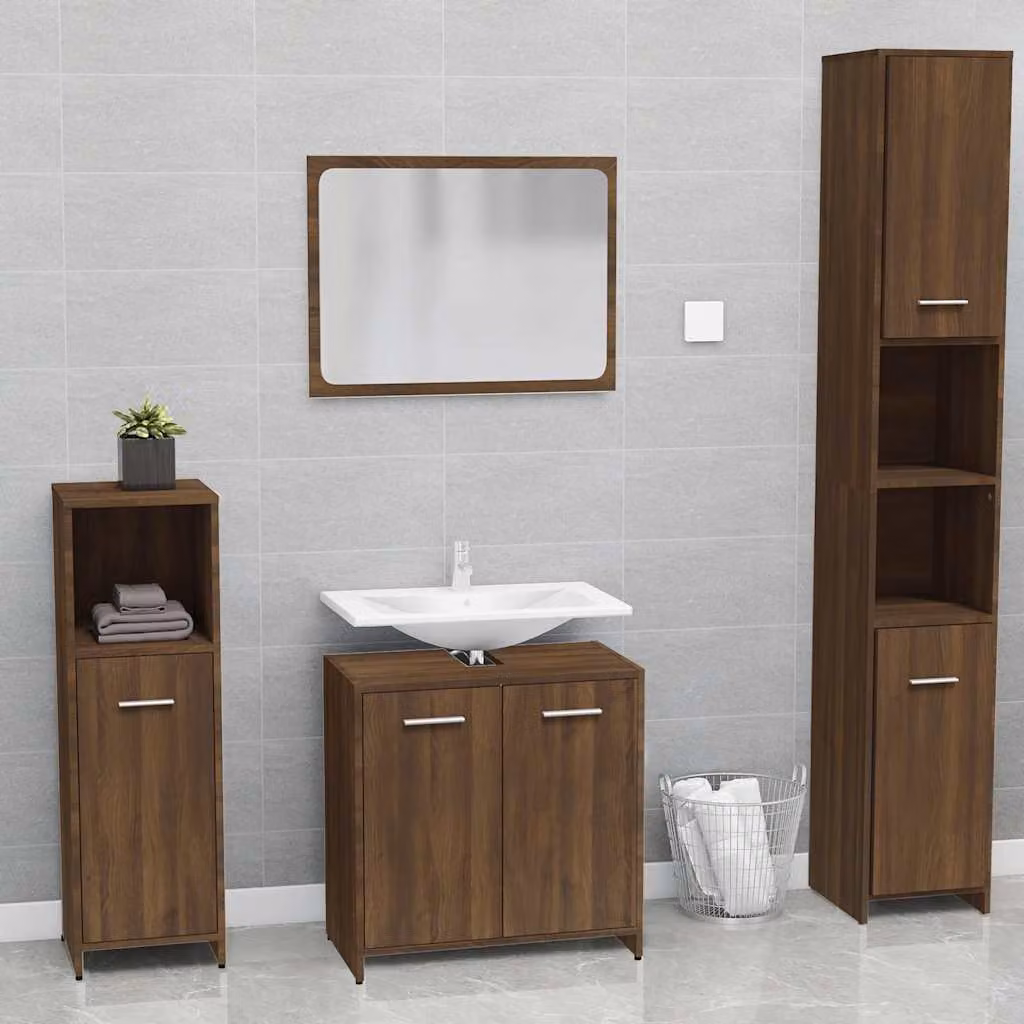 Set Mobili da Bagno Moderni vidaXL in Legno Rovere Marrone con Mobile Sottolavabo e Pensile con Specchio, L/P/H: 60 x 33 x 61 cm
