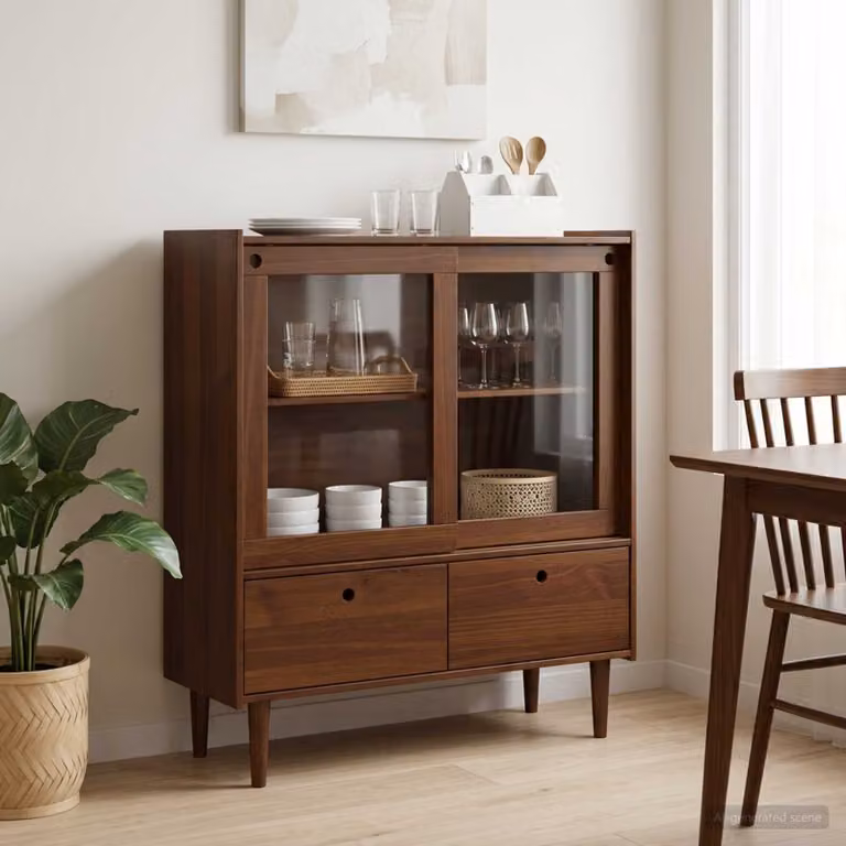 Credenza moderna vidaXL BILBAO in legno di pino e vetro, colore marrone, L 104 x P 40 x H 120 cm