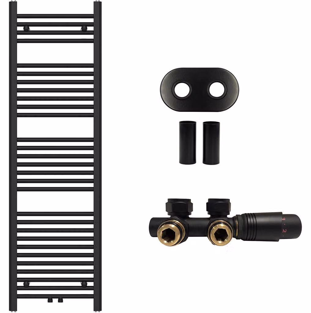 Kit radiatore per bagno Benito – riscaldamento centralizzato – attacco centrale da 50 mm – 583W – nero opaco – 1500x450 mm