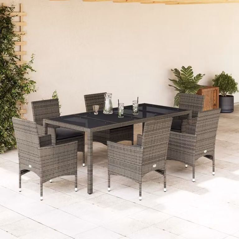 Set da pranzo da giardino vidaXL in polyrattan e vetro grigio con 7 pezzi