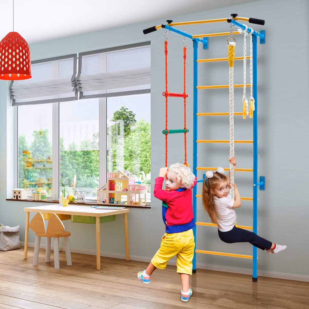 Set di sbarre da parete in acciaio per bambini Costway con scala a corda e anelli da ginnastica, Giallo