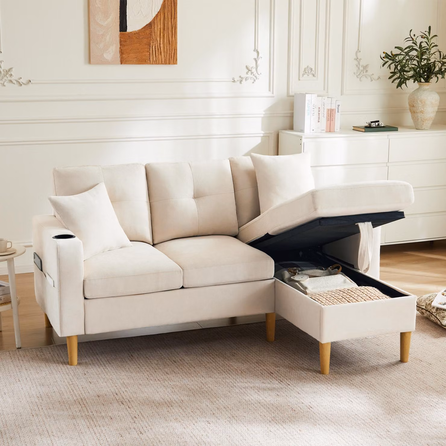 Divano angolare Merax, divano a L con base letto, portabicchieri, 2 cuscini in dotazione, divano da salotto, divano, set di divani, lino, beige