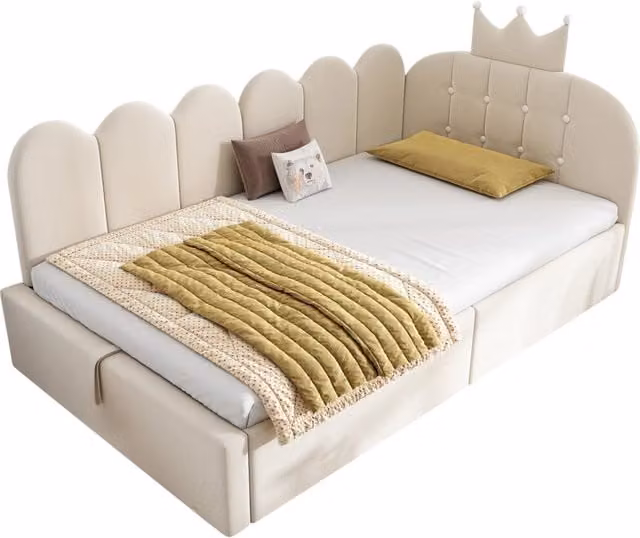 Letto singolo 90x190 cm con contenitore idraulico in velluto; beige