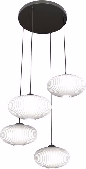 Lampadario 4 Luci Peteh Base Tonda Acciaio Nero Paralume Plissettato Bianco