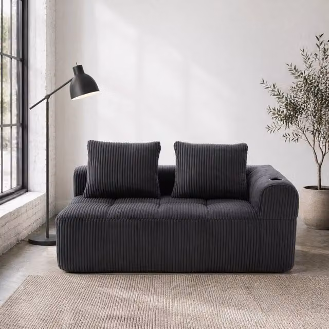 Divano 2 posti in corduroy grigio scuro con tasche laterali e portabicchieri; 158 cm