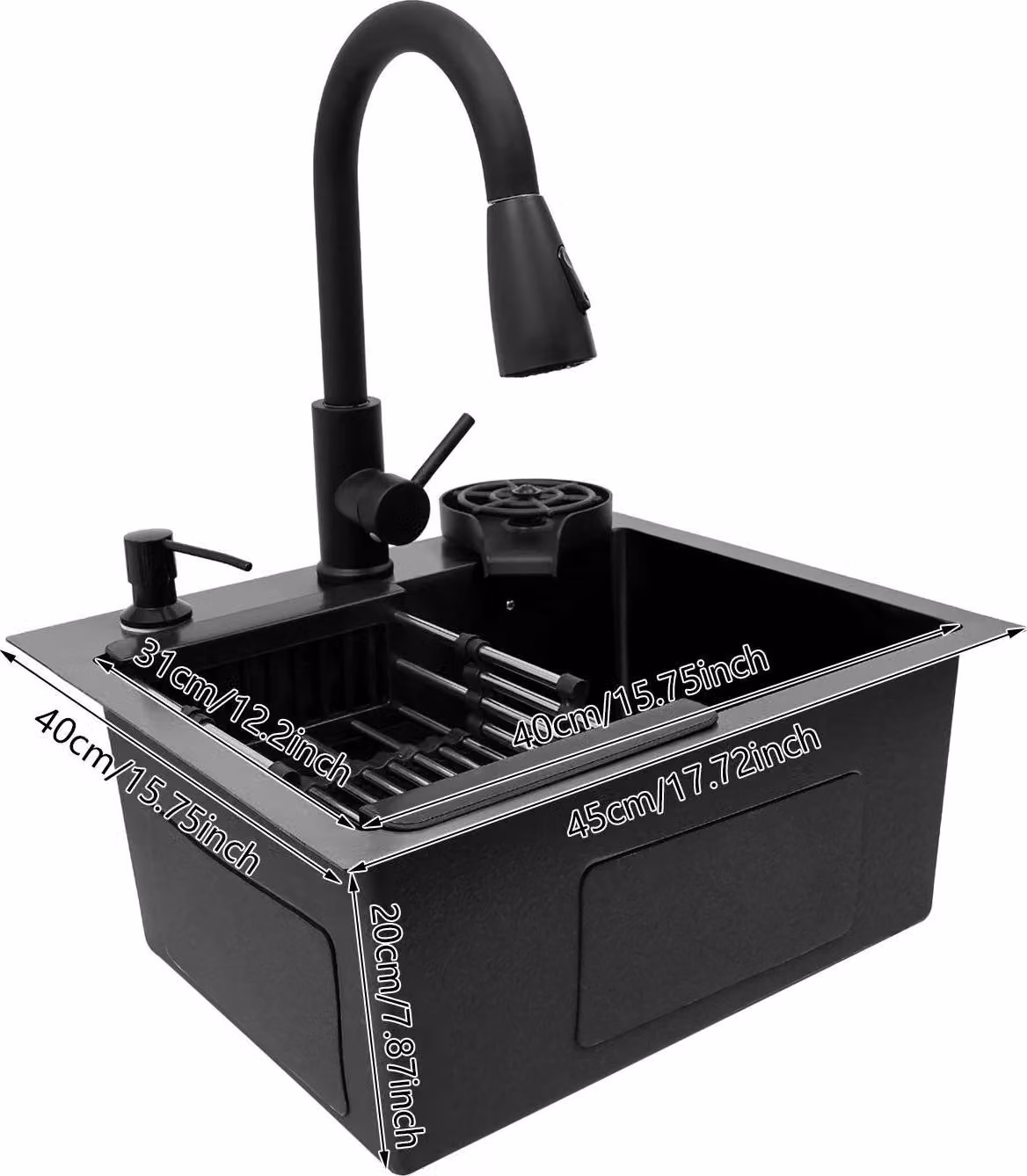 Lavello da cucina - A vasca singola - Rubinetto orientabile a 360° ed estraibile - Acciaio inossidabile - Cestello filtrante - Due fori - Nero