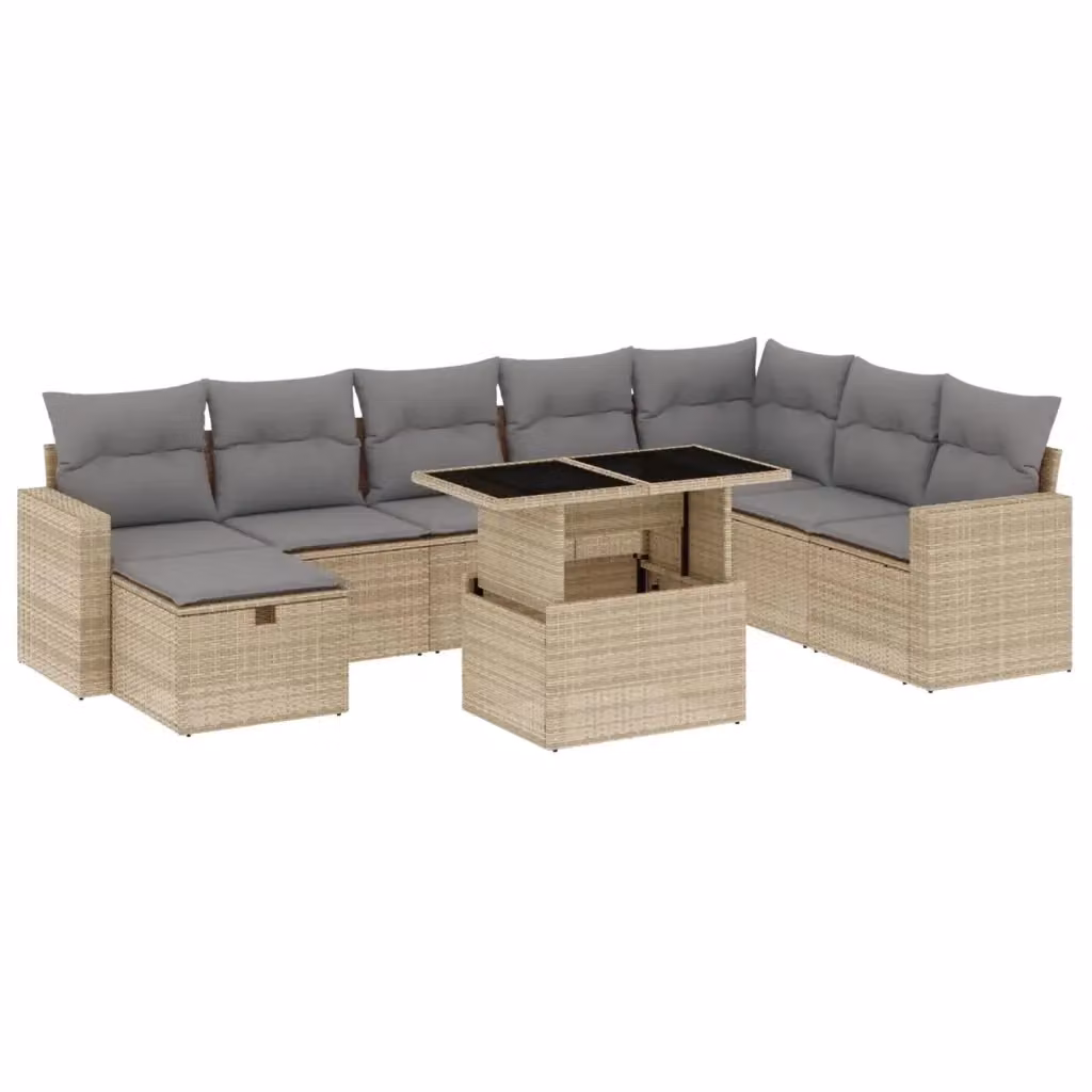 vidaXL Set Divano da Giardino a L 9 pz con Cuscini Beige e Tavolino da Caffè in Polyrattan e Metallo – 2