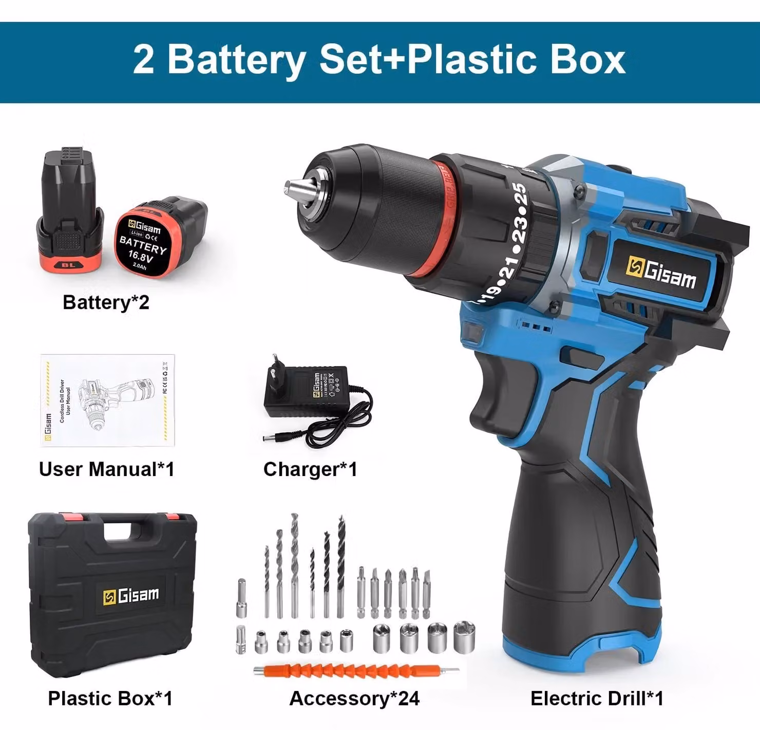 Trapano avvitatore a batteria - 16,8V, motore brushless - 95 Nm, mandrino autoserrante in metallo da 10 mm, 25+3 livelli di coppia, 3000 giri/min, 2 batterie