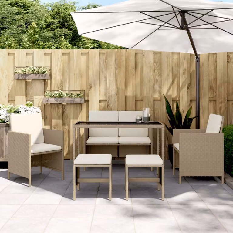 Set da pranzo da giardino vidaXL in polyrattan con cuscini beige e piano in vetro per esterno
