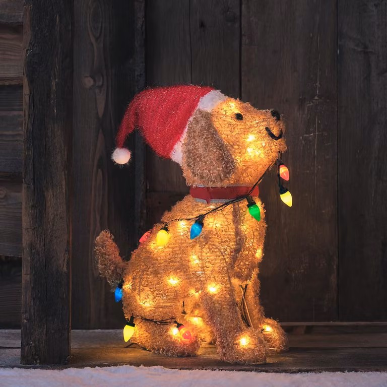 Figura di cane a LED, 53 cm, con 50 luci LED bianco caldo, decorazione natalizia