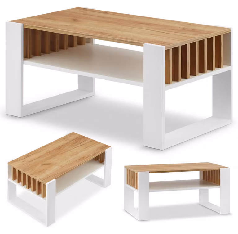 Tavolino moderno in legno di frassino bianco con spazio contenitivo
