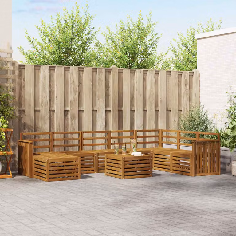 Set di divani da esterno vidaXL 9 pz in legno di acacia marrone con cuscini e tavolino da giardino a forma di L