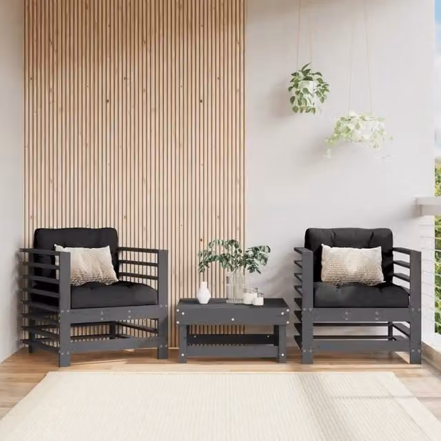 Set di 2 sedie da giardino in legno di pino grigio con cuscini e braccioli per esterno