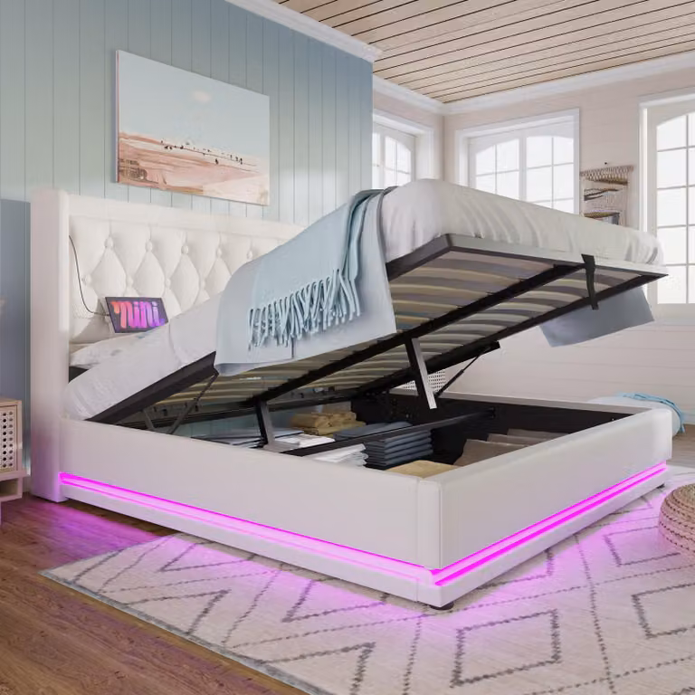 Letto imbottito Flieks 180x200cm con USB e Type-C, letto matrimoniale per ragazzi con LED, letto contenitore idraulico con rete a doghe, Pelle finta, bianco
