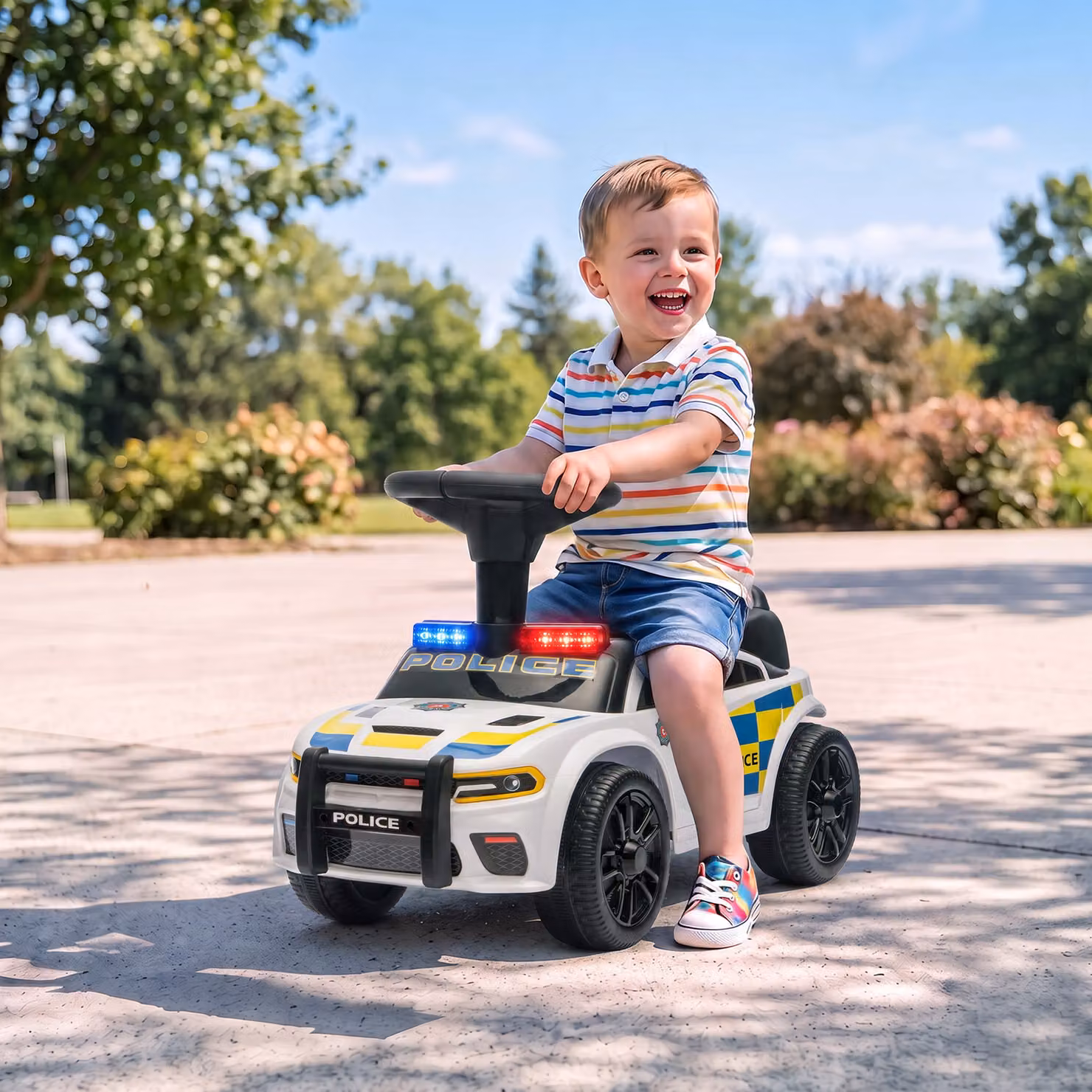 Auto cavalcabile Polizia AIYAPLAY con musica e luci, bianco, per bambini 18-36 mesi – 2