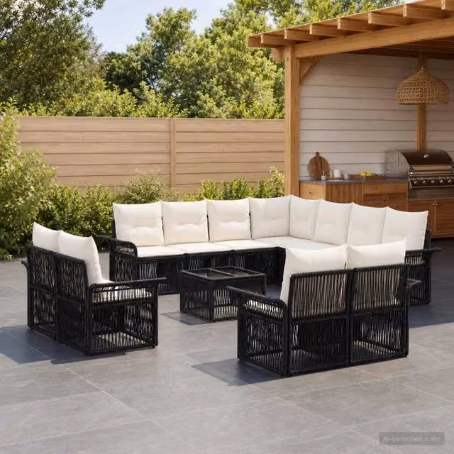 Set Divano da Giardino a L con Tavolino vidaXL, 12 Pezzi in Polyrattan Nero e Bianco Crema con Cuscini Imbottiti e Coperture Rimovibili