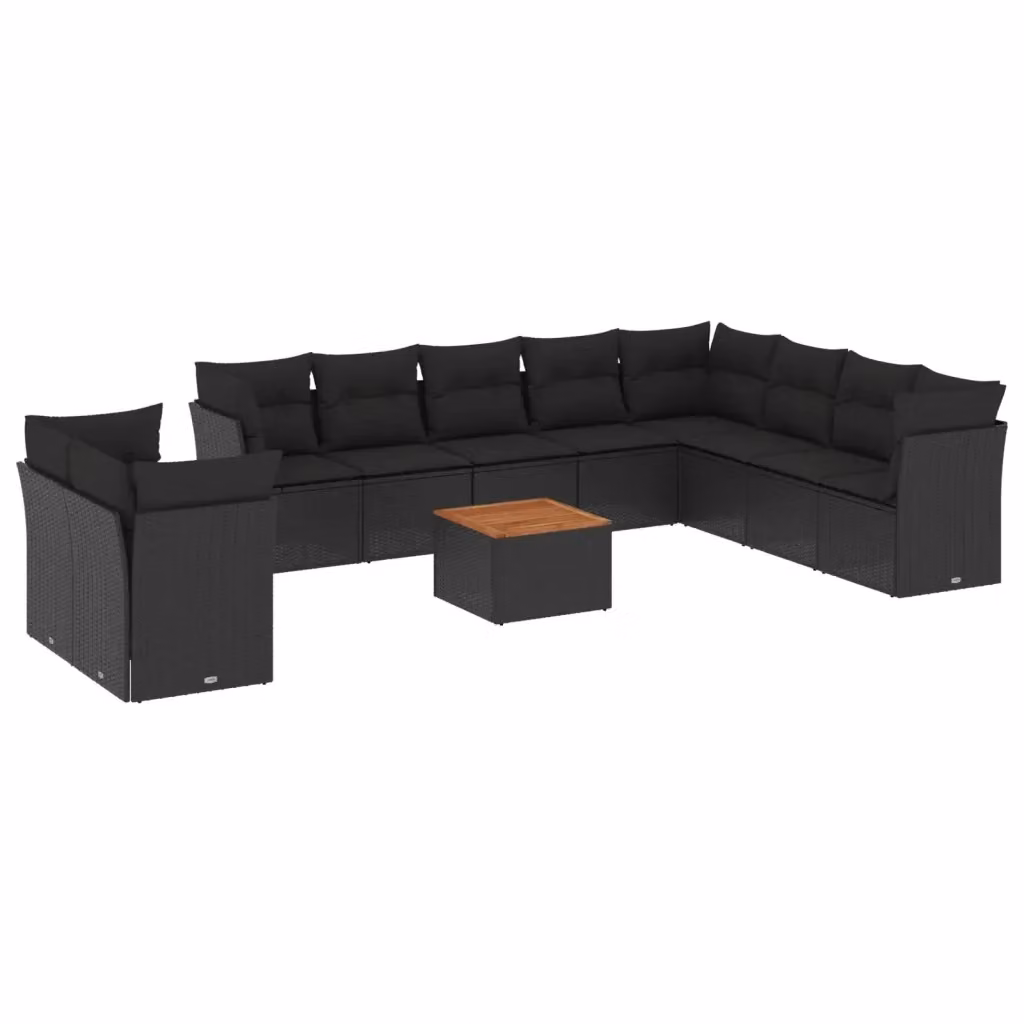 vidaXL Set Divani da Giardino a L 11 pz in Polyrattan e Legno di Acacia con Cuscini, Tavolino e Struttura in Acciaio, Colore Nero e Marrone – 2