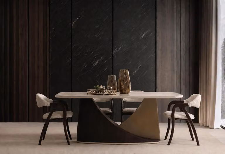 Set da pranzo composto da tavolo e 4 sedie, color beige, marrone e oro, in legno, stile moderno e