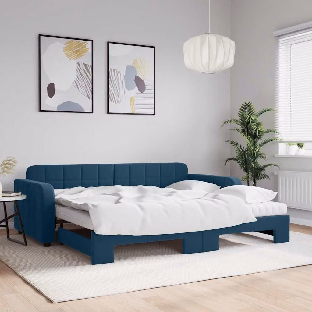 vidaXL Divano Letto Estraibile in Velluto Blu con Materassi L/P/H: 200 x 90 x 71 cm