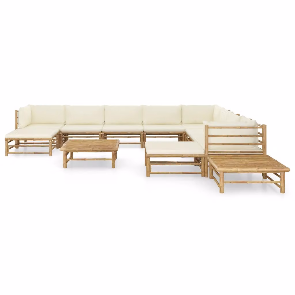 set da salotto da giardino da 12 pezzi con cuscini in bambù bianco crema