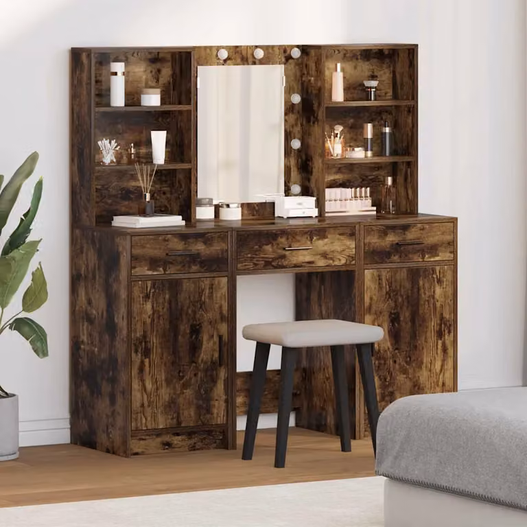 Set da tavolo da trucco con LED vidaXL in Rovere fumé, 3 pezzi