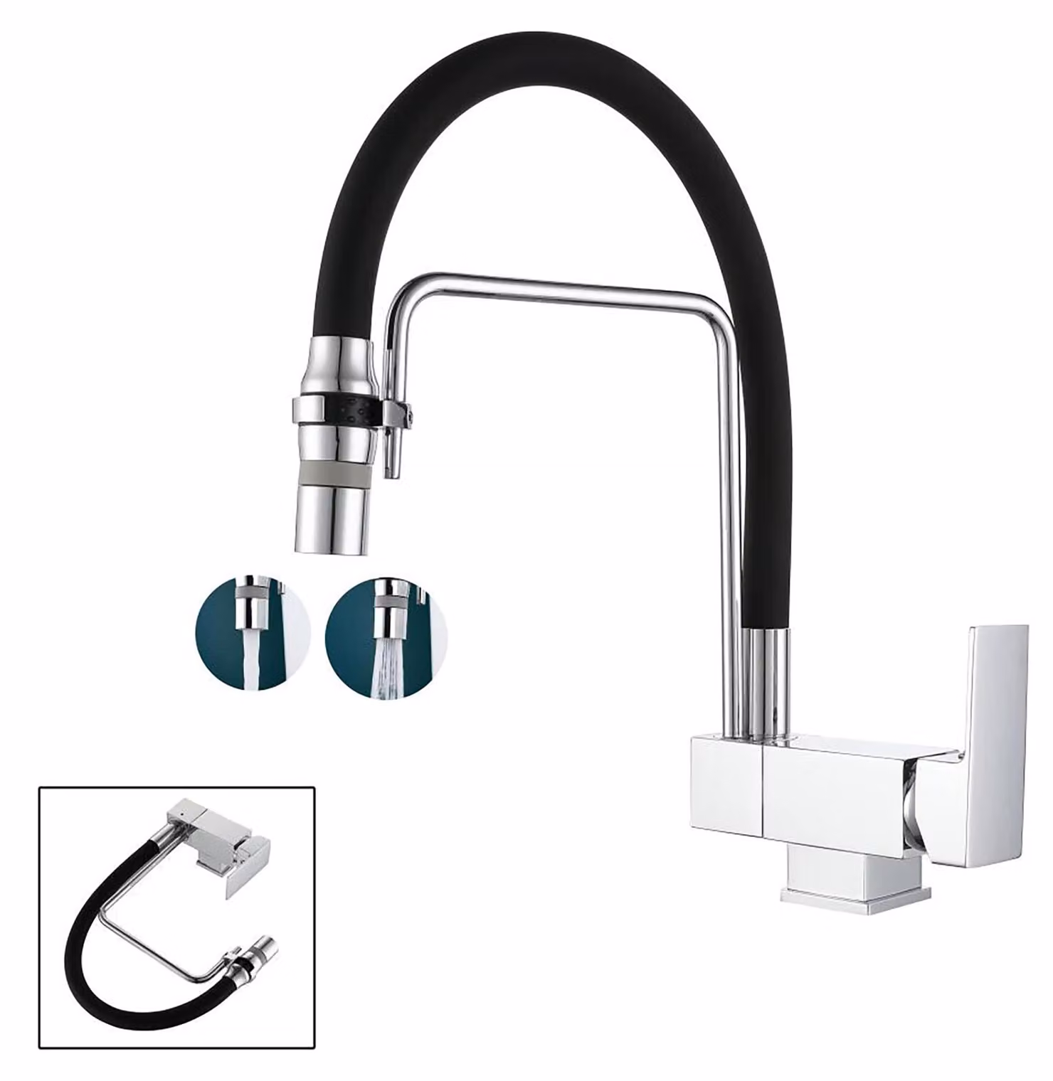 Rubinetto da cucina pieghevole, monoblocco, con doppia funzione spray, rotazione a 360°, finitura cromata