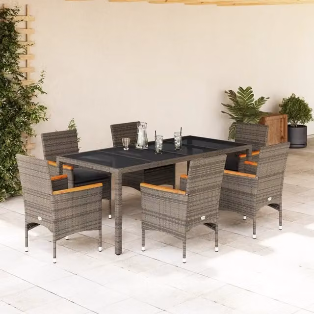 Set da Pranzo da Giardino 7 pz con Cuscini Polyrattan e Vetro 3278655