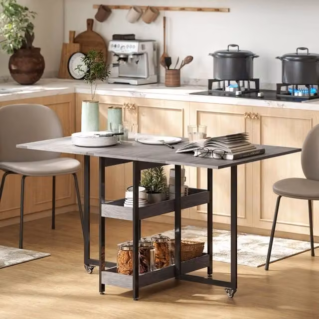 Tavolo allungabile e pieghevole OKWISH in legno grigio per cucina e sala da pranzo, con 2 ripiani aperti e ruote con freno, ideale per 4 persone
