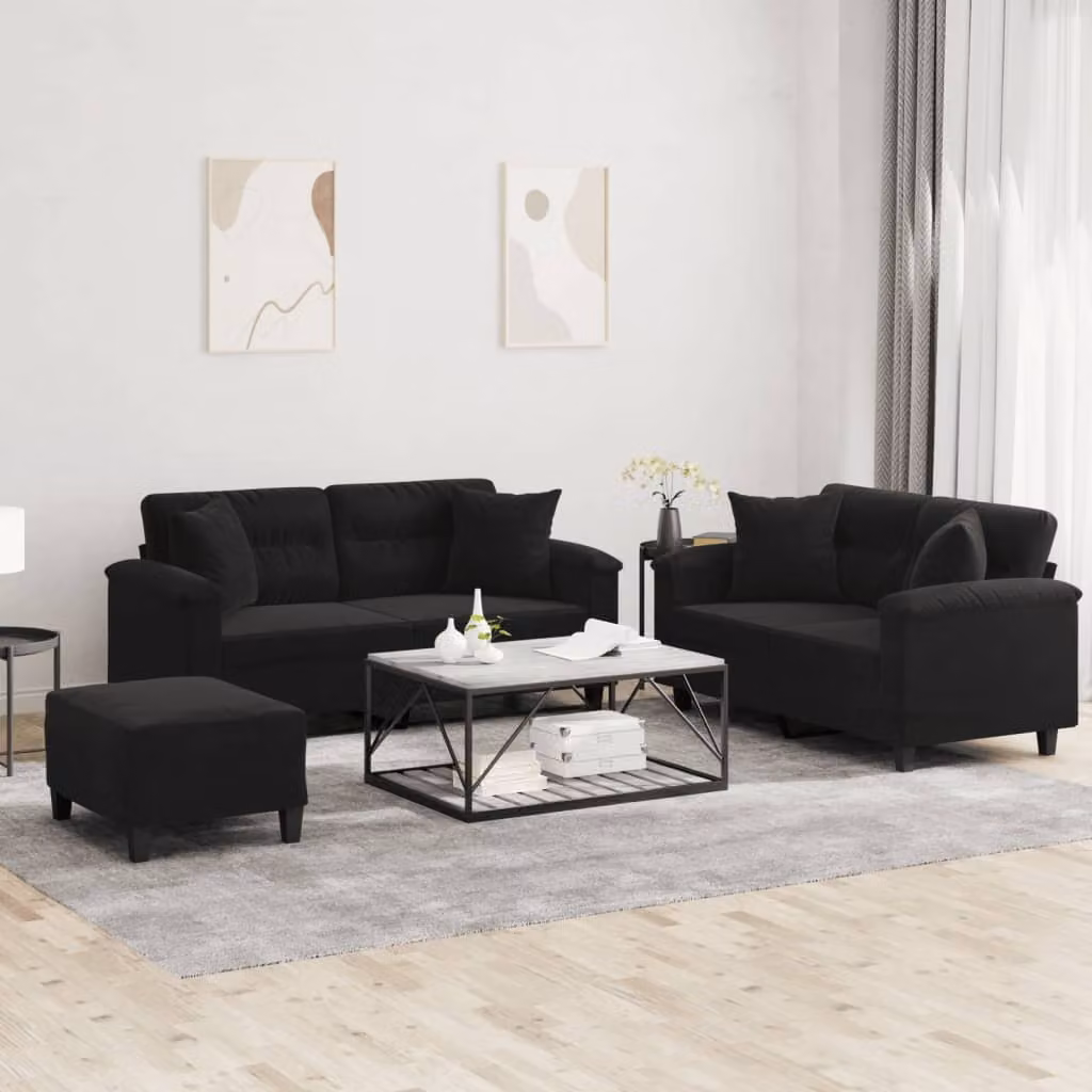 Maison Exclusive - Set divano a 3 pezzi con cuscini, tessuto in microfibra nero