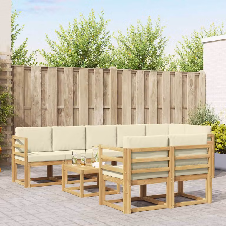 vidaXL Set di divani da esterno a L composto da 9 pezzi in legno di acacia con cuscini, colori bianco, beige e marrone