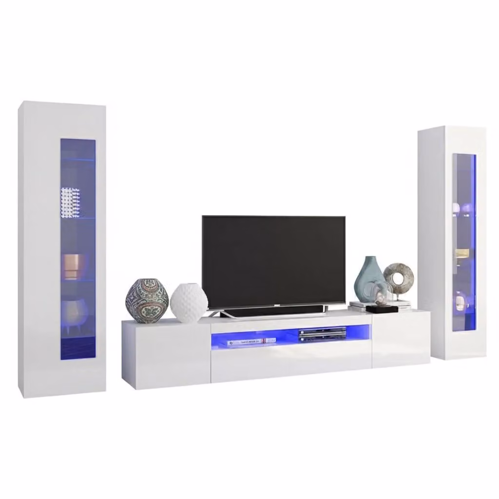Parete attrezzata da soggiorno DMORA moderna in bianco lucido con illuminazione integrata L: 300 cm, P: 40 cm, H: 162 cm – 2