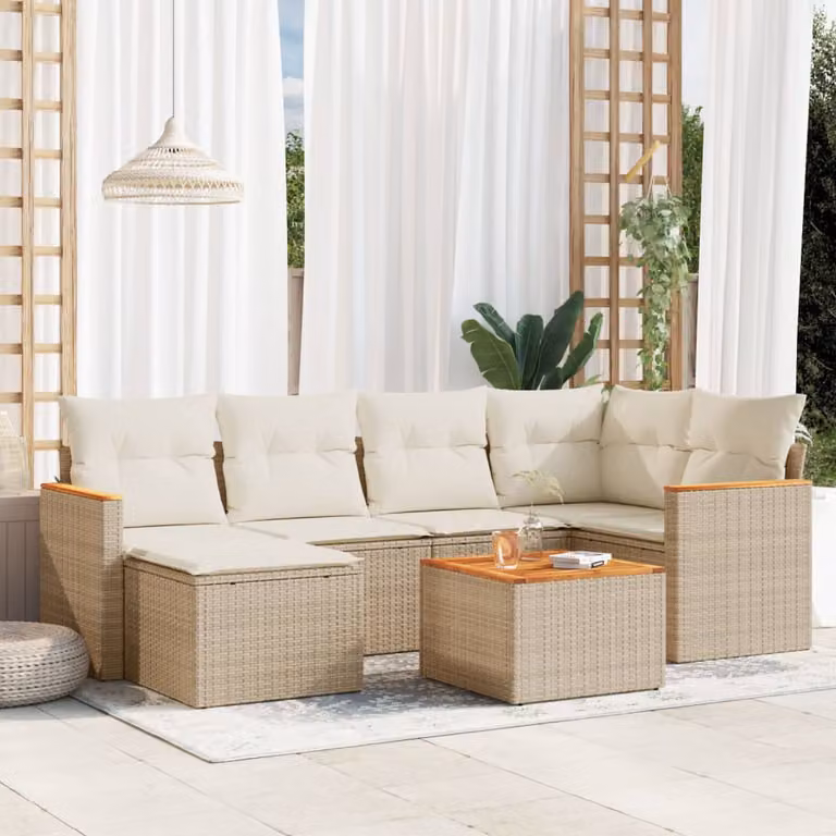 vidaXL Set Divani da Giardino 7 pz a Forma a L con Cuscini Beige e Struttura in Acciaio e Legno di Acacia