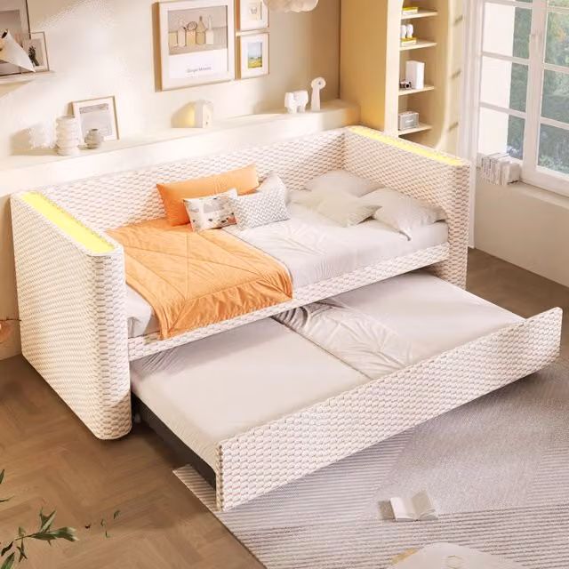 Divano letto estraibile 90x200 trasformabile in 180x200 con illuminazione LED e struttura in velluto beige