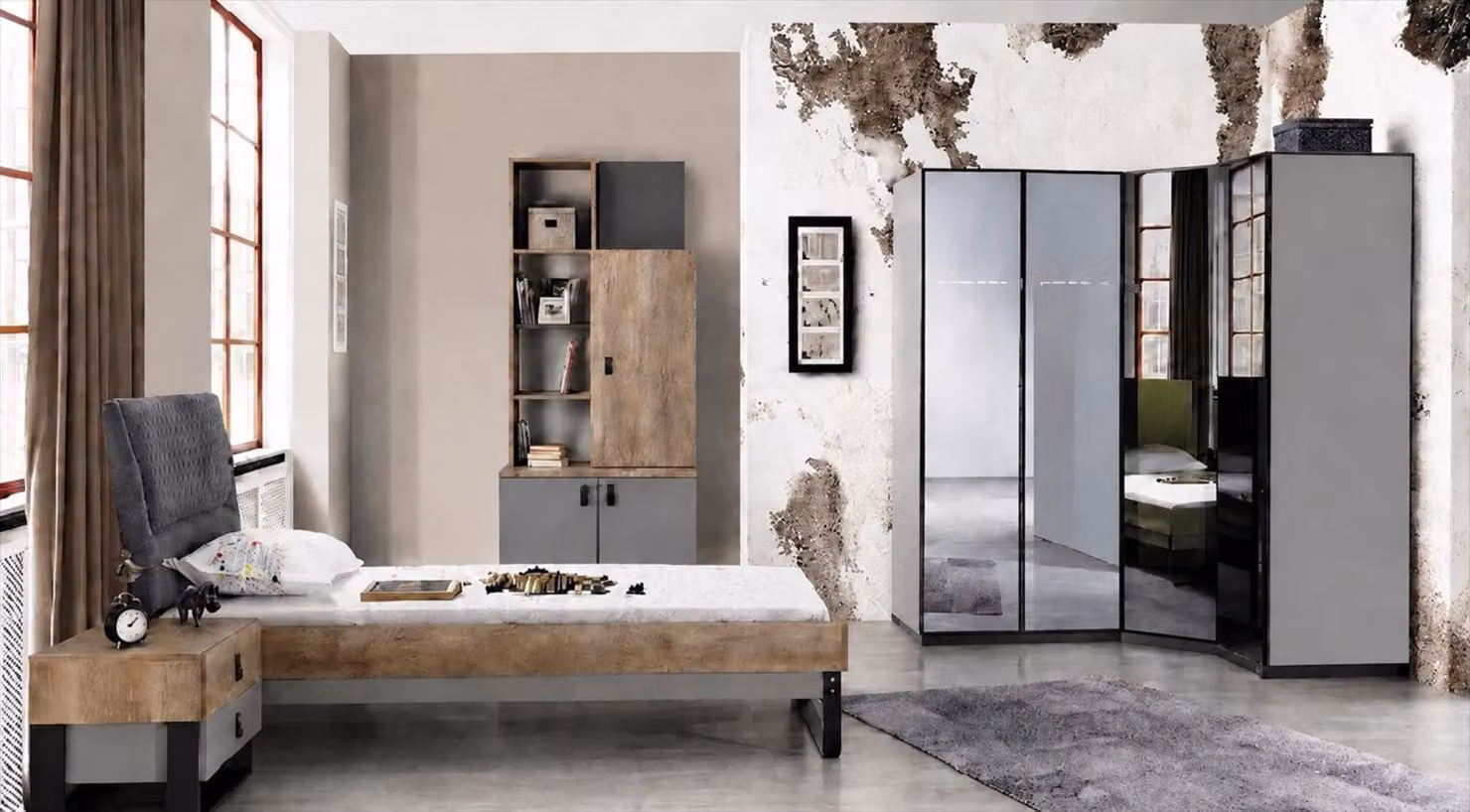 Set per camera da letto per ragazzi: letto, comodino, mobiletto angolare, libreria, colore grigio