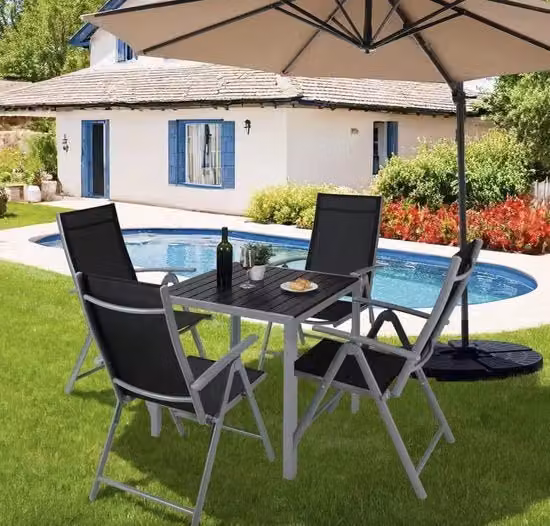 Set di tavola da giardino in alluminio - 1 tavolo - 4 sedie regolabili - Alluminio - Grigio/Nero