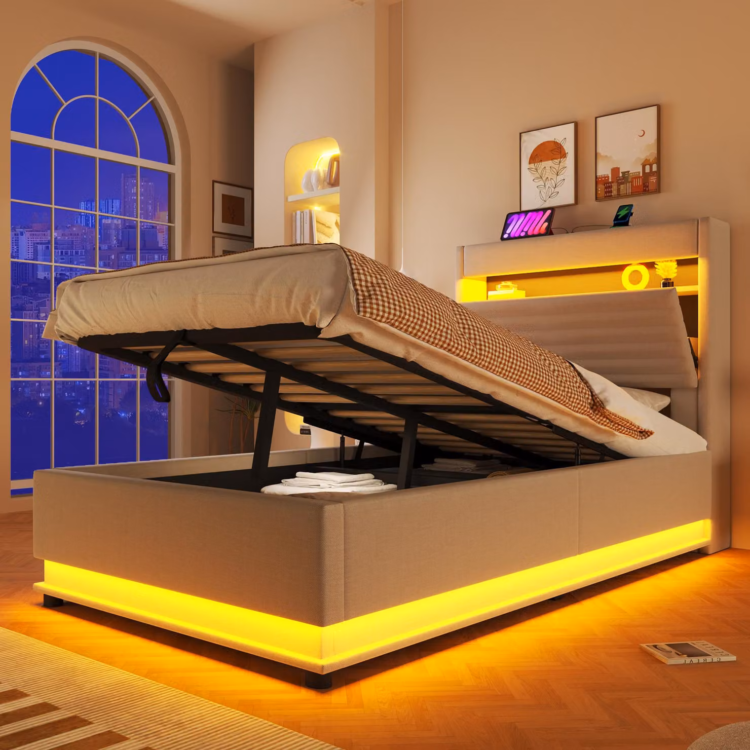 Letto idraulico Flieks con materasso imbottito 90x200 cm con LED, letto singolo con contenitore, porta USB e Type-C, letto per ragazzi con contenitore e rete a doghe, tessuto in lino, beige