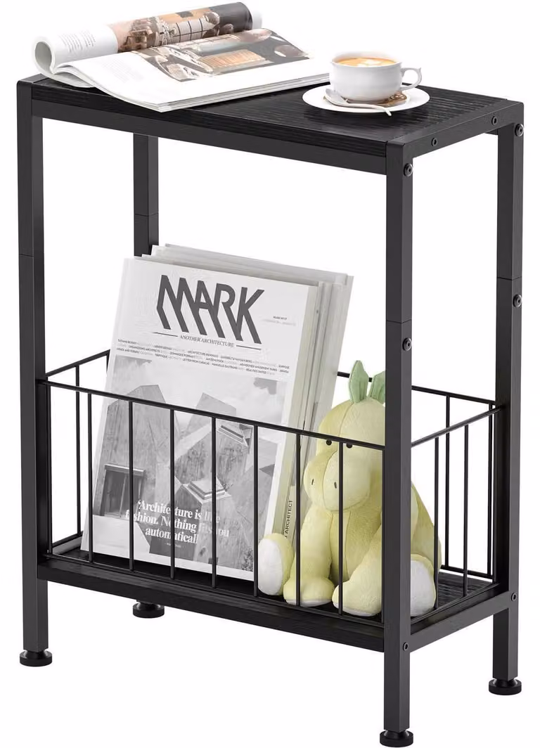 Tavolino laterale stretto con portariviste e 2 ripiani, dimensioni 20x43x58 cm, colore nero