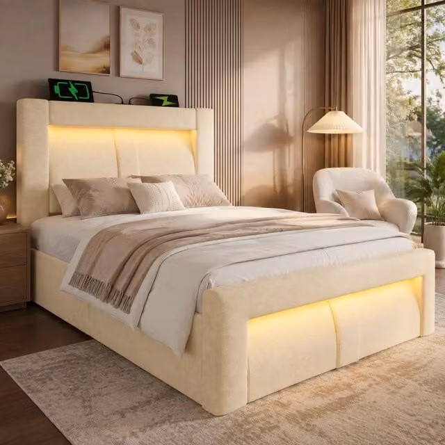 Letto singolo 90x200 cm con contenitore idraulico; LED; USB e Type-C; velluto beige