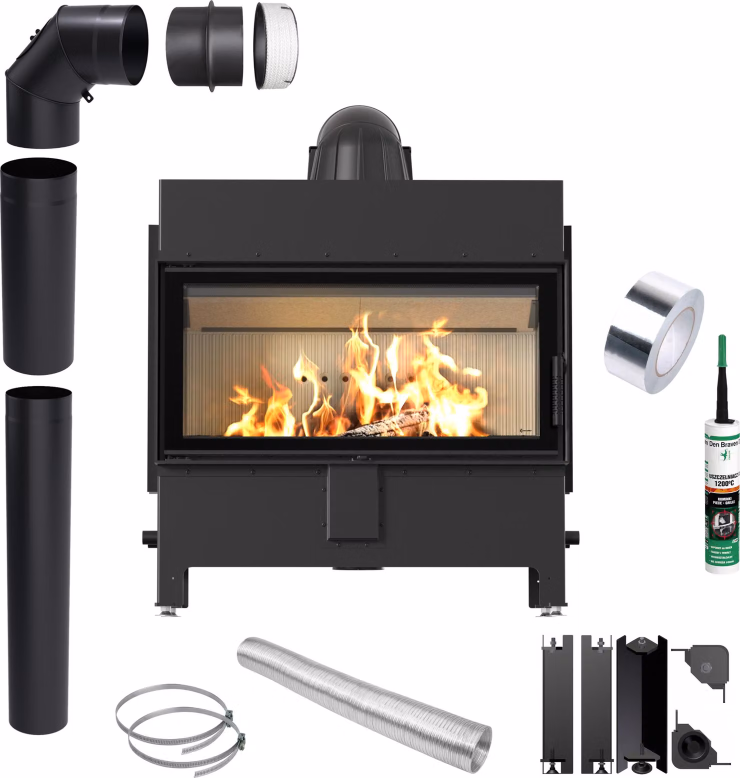 Caminetto ad aria KRATKI LUCY 16 kW Ø200 Set di tubi per il recupero di calore Chiusura