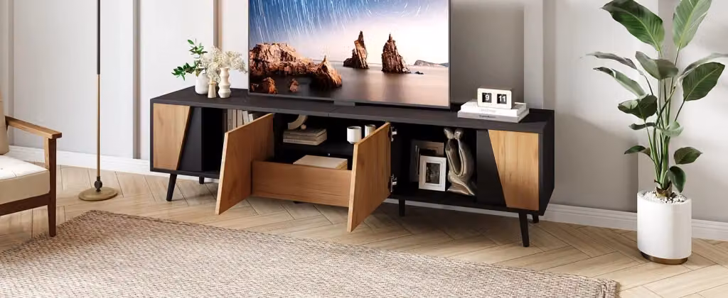 Mobile TV Minimal in legno e composito nero con cassetto bianco per soggiorno L: 180 cm, P: 40 cm, H: 46 cm – 2