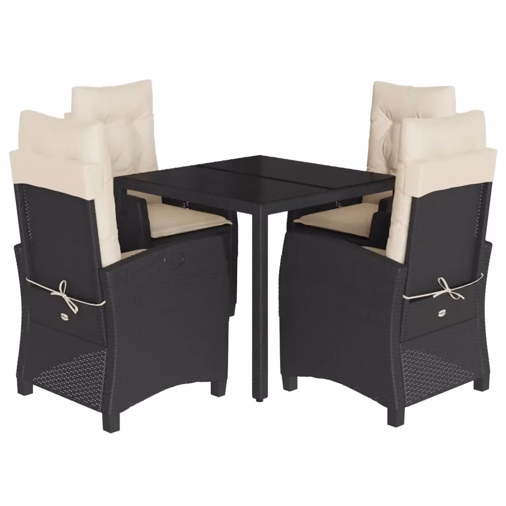 Set da Pranzo da Giardino vidaXL in Polyrattan Nero con Cuscini e Tavolo in Vetro – 2