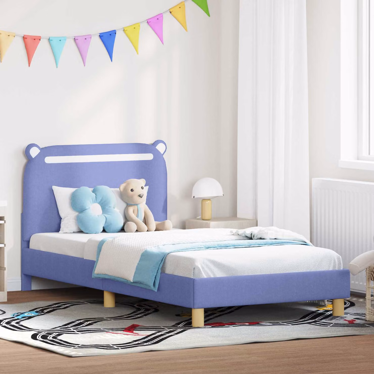 Struttura letto per bambini vidaXL con testata imbottita in tessuto blu, L/P/H: 90 x 200 x 84 cm