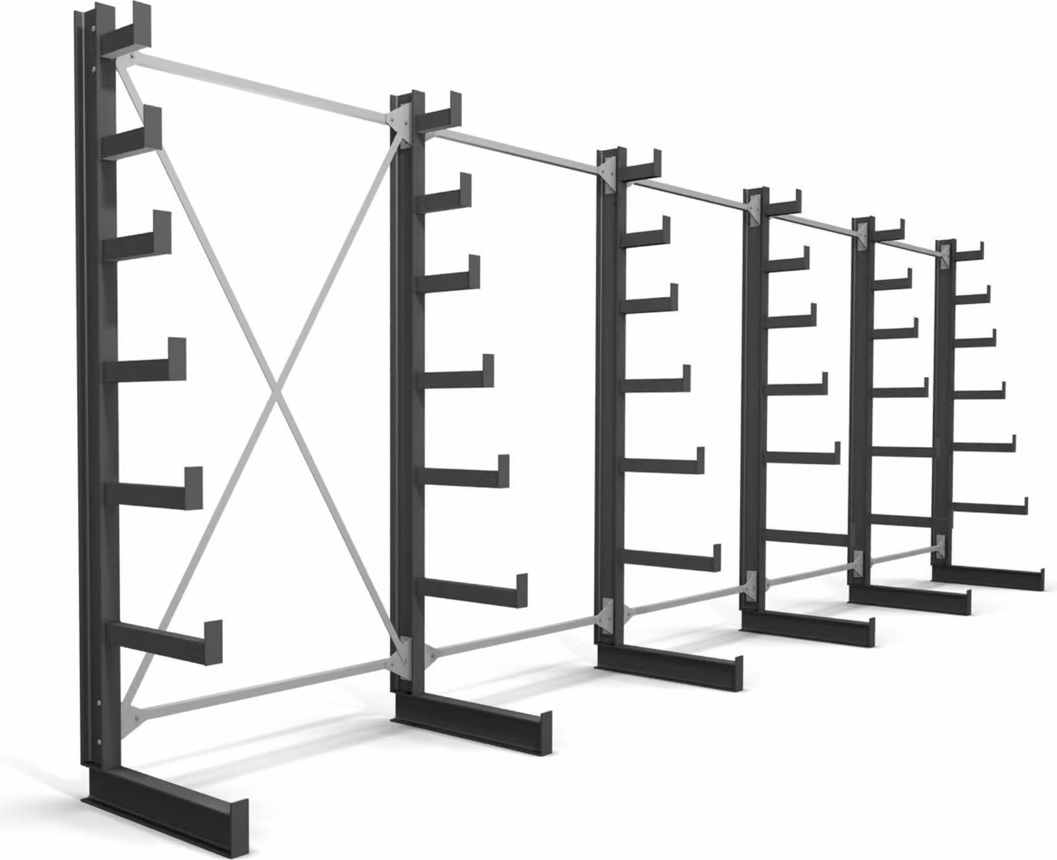 Scaffalatura cantilever STIER, monofronte, 5 campate con 6 livelli discendenti, LxHxP 6500x2000x500 mm, scaffalatura con 6 bracci a sbalzo inclinati verso l'alto, portata per braccio a sbalzo 200 kg, sistema di immagazzinamento con robusta struttura in ac