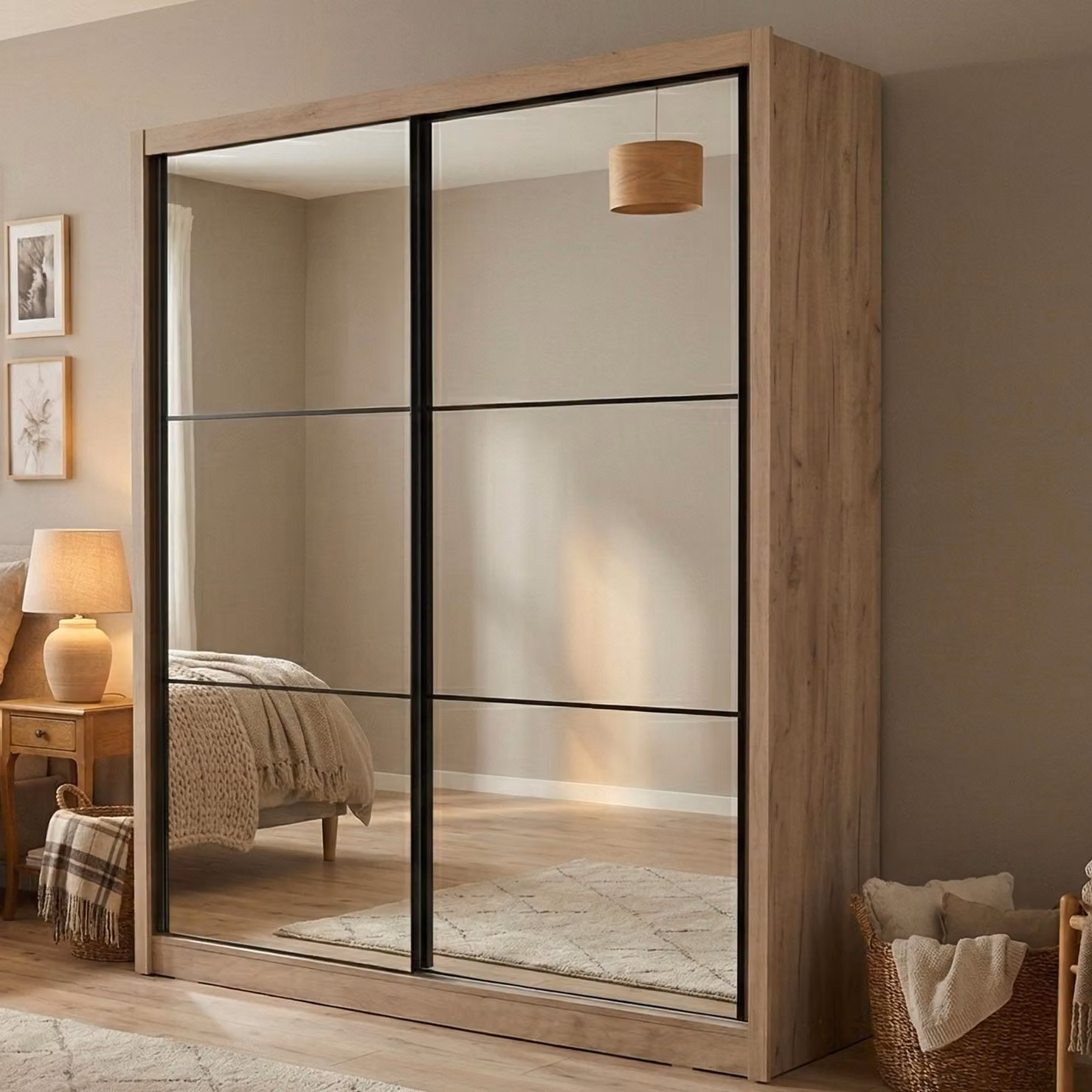 Dmora Guardaroba Grande Godrano 213x216h cm Marrone Rovere Grigio, Appendiabiti 5 Ripiani
