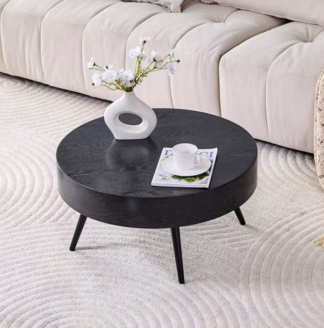 Tavolino da salotto rotondo ULEVR ?70 cm, piano in MDF effetto legno nero e gambe in metallo nere
