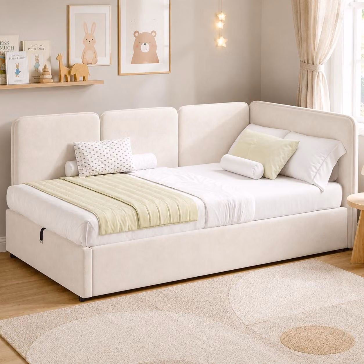 Letto giornaliero MODFU 90x200 con spazio contenitore idraulico, letto per bambini con sponde laterali (intercambiabili a sinistra e a destra), rivestito in velluto, senza materasso, color beige
