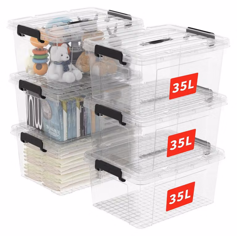 Contenitori di stoccaggio Cetomo, 35L, confezione da 6. Contenitori in plastica portatili con coperchio, organizer con maniglia e clip, impilabili e nidificabili, ideali per la casa e l'ufficio, trasparenti
