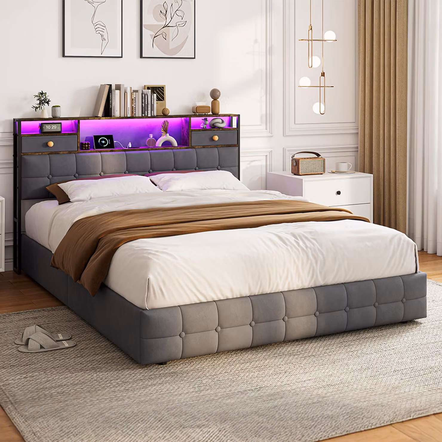 Letto imbottito ProximaX, 160x200 cm, grigio, in velluto, con spazio contenitore, illuminazione LED RGB e porta USB-C