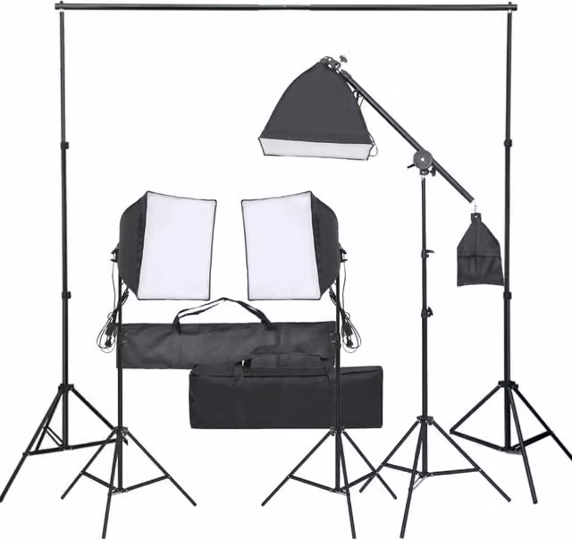 Kit per studio fotografico professionale con illuminazione LED e treppiedi in metallo nero